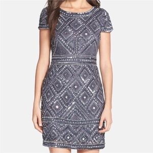 Adrianna Papell Geo Bead Dress Cap Sleeve Size 12 Gray Silver